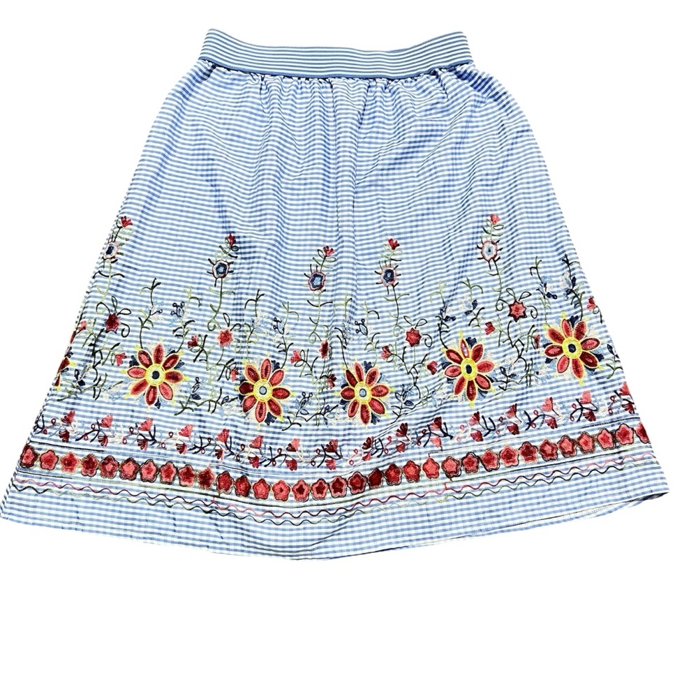NWOT MAGIC Floral Embroidered Skirt Blue Checkered Garterized Waist Size XL